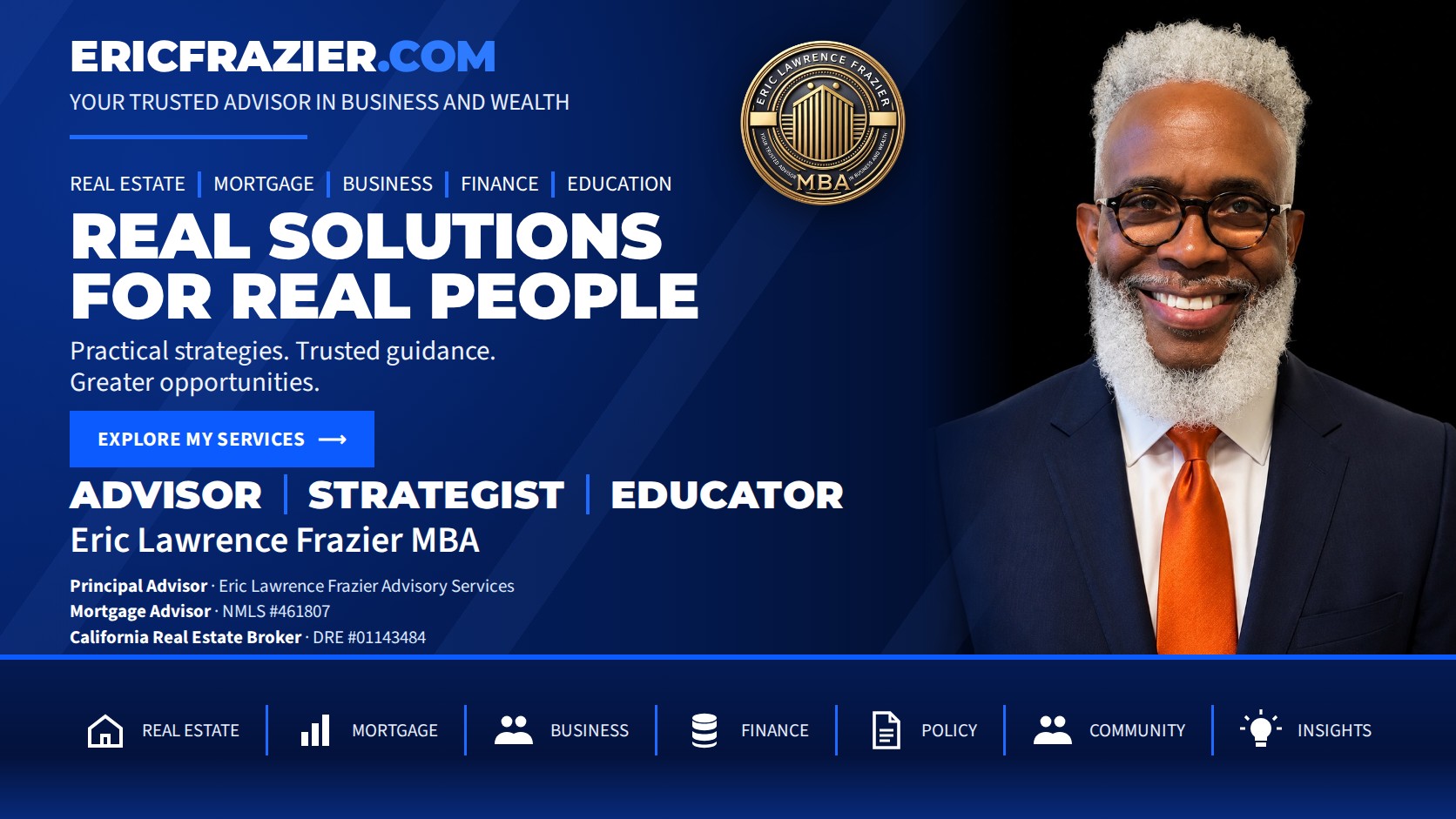 Real Solutions for Real People — Eric Lawrence Frazier, MBA, Principal Advisor, Eric Lawrence Frazier Advisory Services; Mortgage Advisor, NMLS #461807; California Real Estate Broker, DRE #01143484.