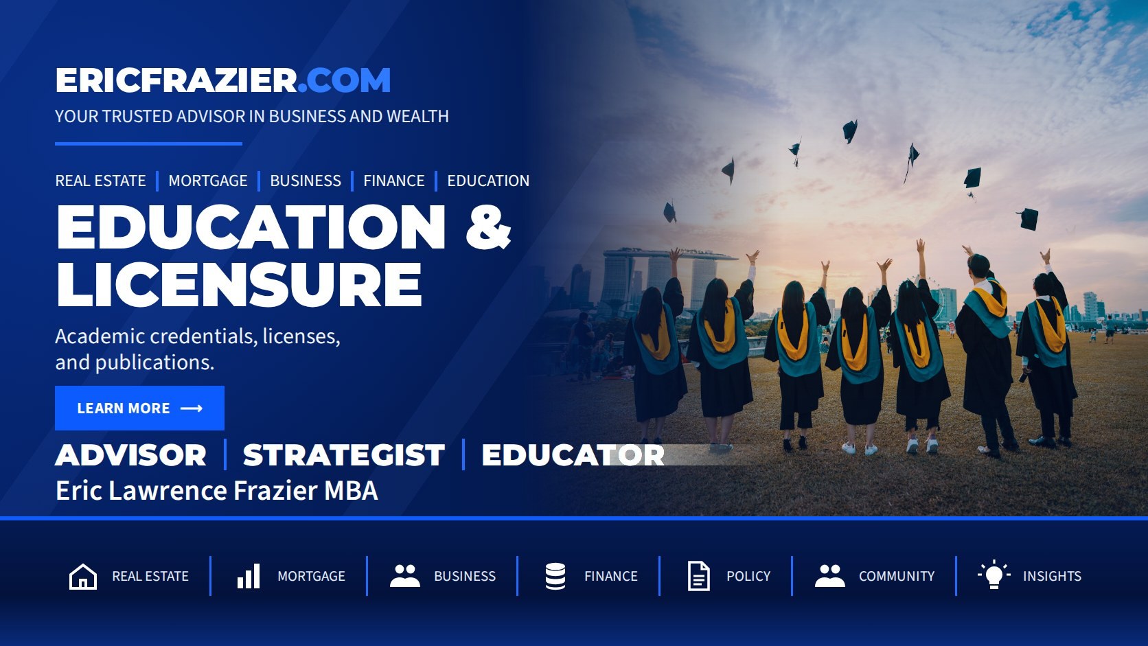 Education & Licensure — Academic credentials, licenses, and publications.