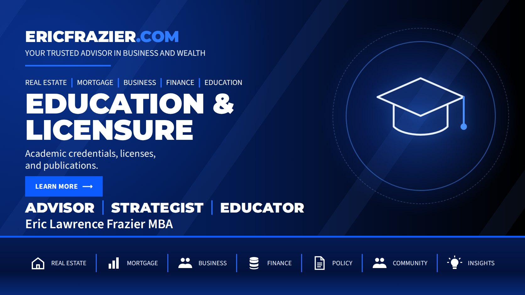 Education & Licensure — Academic credentials, licenses, and publications.