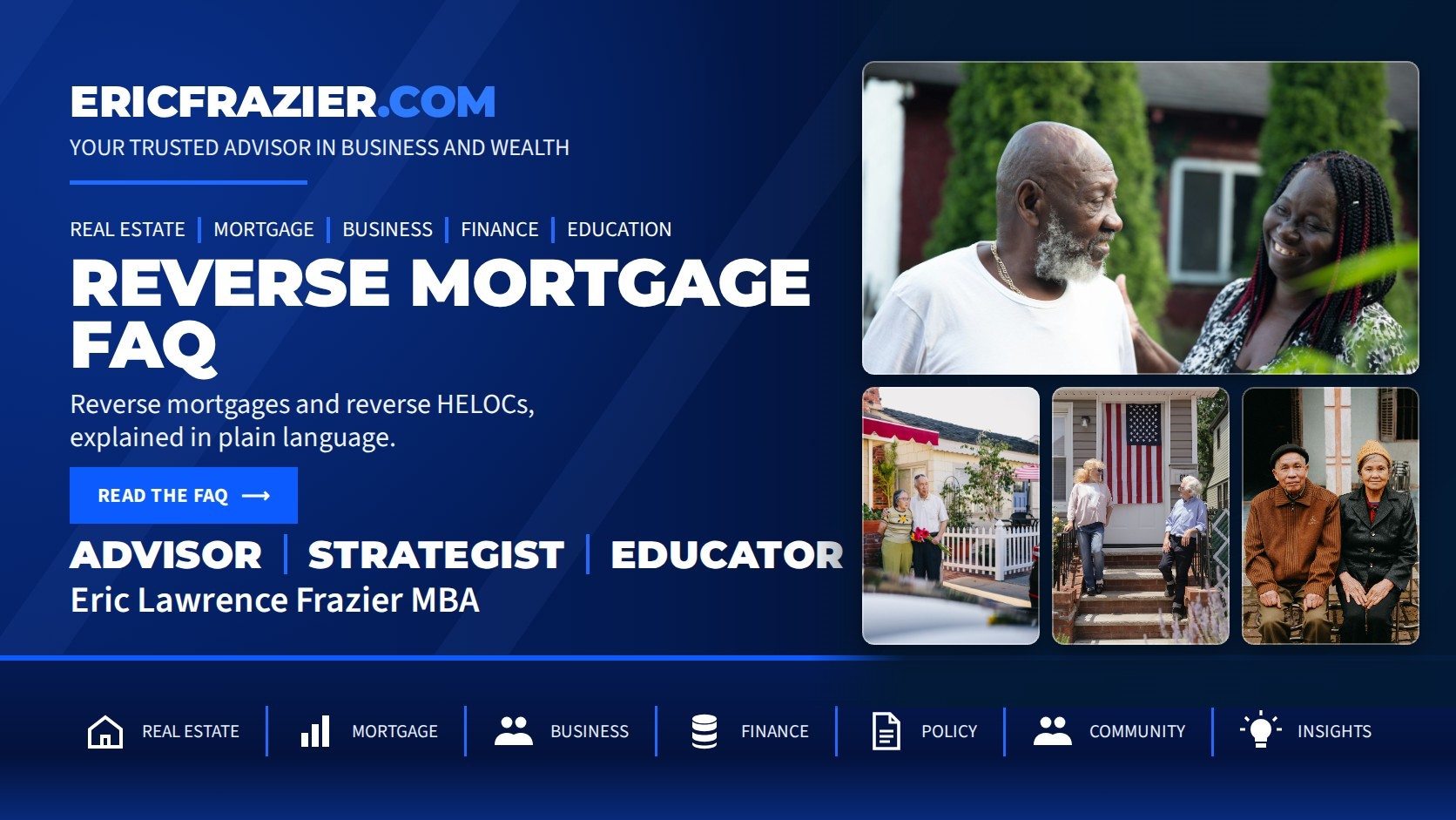 Retired couples in front of their homes, representing keeping your home with a reverse mortgage