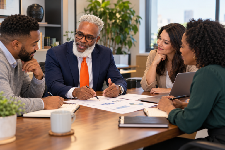 AI-generated illustration of Eric Lawrence Frazier leading a small-group financial coaching discussion