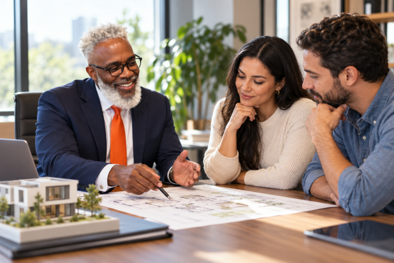 AI-generated illustration of Eric Lawrence Frazier discussing a property floor plan with a couple